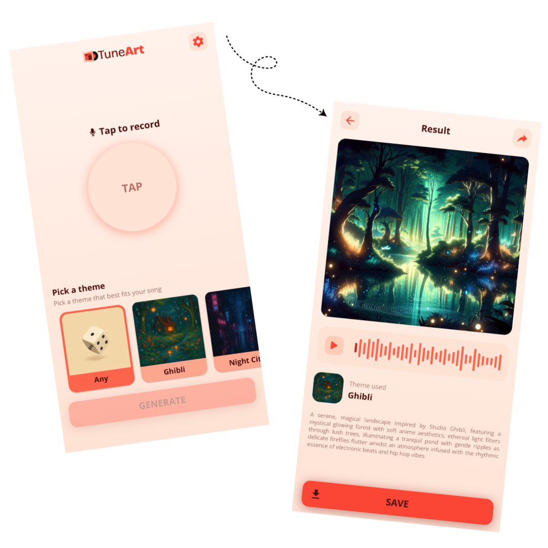TuneArt app interface showing an AI-generated cover